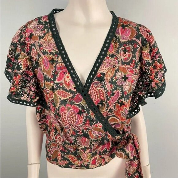 Jennifer Grace Paisley Print Faux Wrap Embroidered Flutter Sleeve Blouse (NWT) - Picture 2 of 13